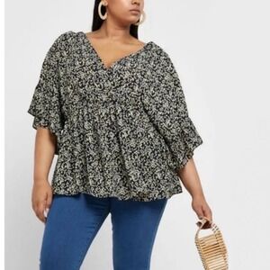 NWT Lost Ink‎ Black Floral Peplum Blouse Size 2X